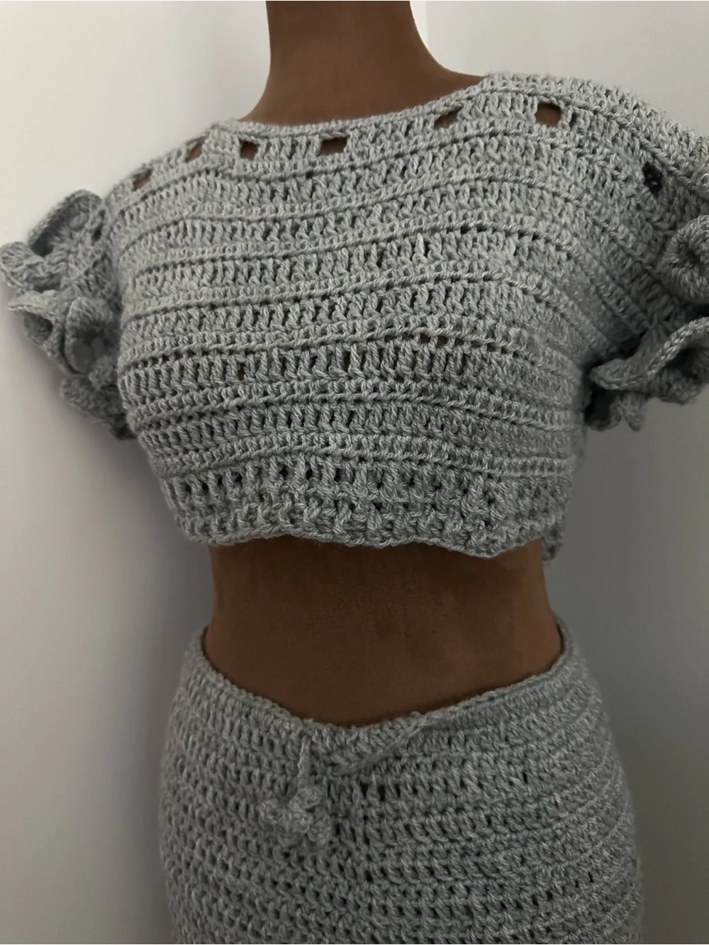 Handmade Crochet Two-Piece Set in Light Gray